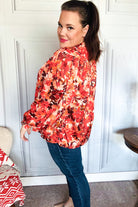 Haptics Rust Floral Print Notched Neck Smocked Satin Blouse 2024 Blow-Out Sale
