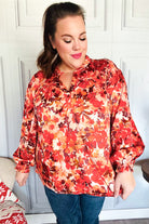 Haptics Rust Floral Print Notched Neck Smocked Satin Blouse 2024 Blow-Out Sale