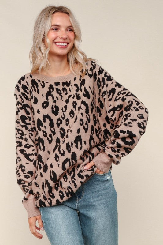 Haptics Leopard Jacquard Oversized Sweater Knit Top
