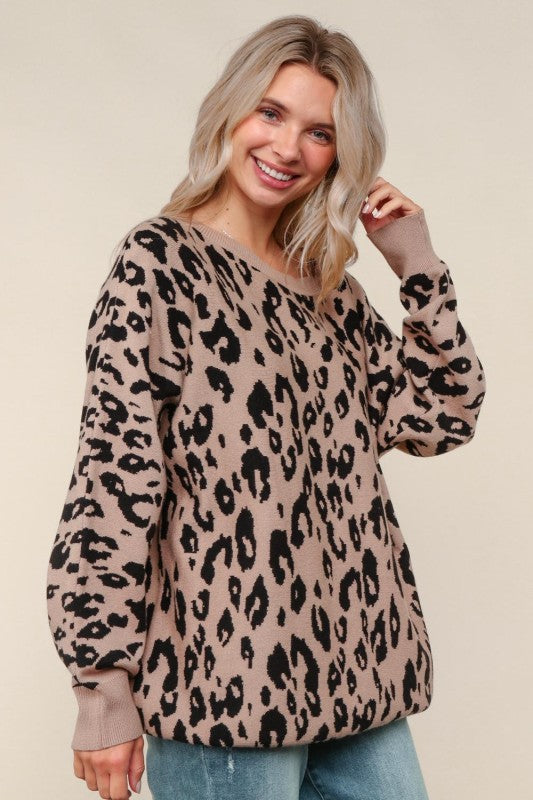 Haptics Leopard Jacquard Oversized Sweater Knit Top
