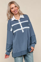 Haptics Collared Solid Loose Fit Pullover Knit Top in Slate Blue