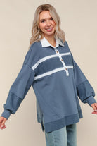 Haptics Collared Solid Loose Fit Pullover Knit Top in Slate Blue