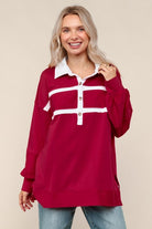 Haptics Collared Solid Loose Fit Pullover Knit Top in Wine