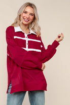 Haptics Collared Solid Loose Fit Pullover Knit Top in Wine