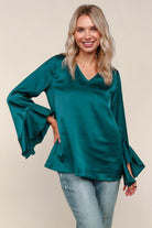 Haptics Teal Solid Satin Blouse W/ Ruffle Hem Sleeve
