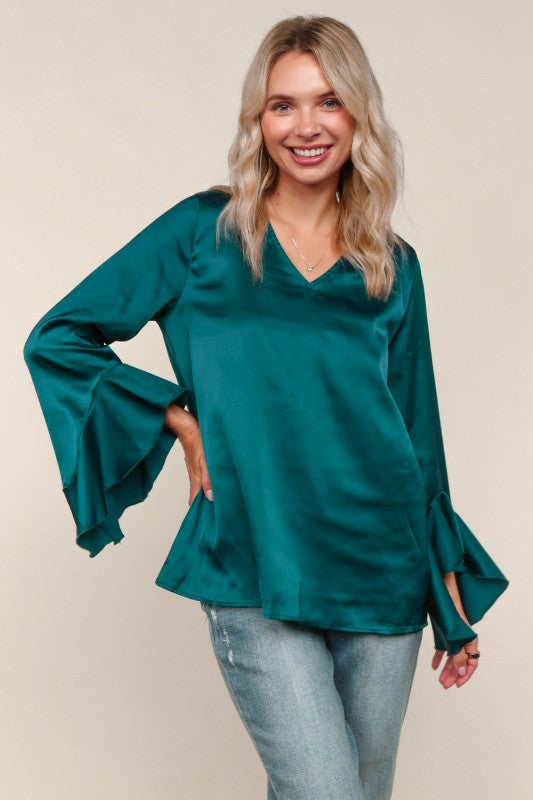 Haptics Teal Solid Satin Blouse W/ Ruffle Hem Sleeve