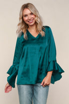 Haptics Teal Solid Satin Blouse W/ Ruffle Hem Sleeve