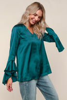 Haptics Teal Solid Satin Blouse W/ Ruffle Hem Sleeve