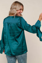Haptics Teal Solid Satin Blouse W/ Ruffle Hem Sleeve