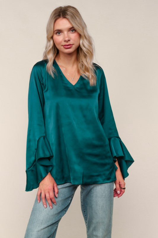 Haptics Teal Solid Satin Blouse W/ Ruffle Hem Sleeve