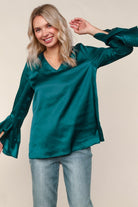 Haptics Teal Solid Satin Blouse W/ Ruffle Hem Sleeve