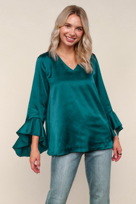 Haptics Teal Solid Satin Blouse W/ Ruffle Hem Sleeve