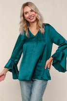 Haptics Teal Solid Satin Blouse W/ Ruffle Hem Sleeve
