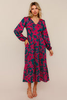 Haptics Teal & Magenta Vintage Floral Midi Ruffle Hem Dress