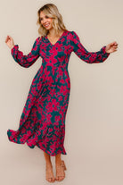 Haptics Teal & Magenta Vintage Floral Midi Ruffle Hem Dress