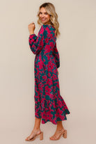 Haptics Teal & Magenta Vintage Floral Midi Ruffle Hem Dress