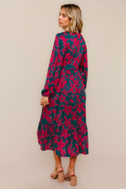 Haptics Teal & Magenta Vintage Floral Midi Ruffle Hem Dress