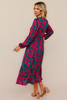 Haptics Teal & Magenta Vintage Floral Midi Ruffle Hem Dress