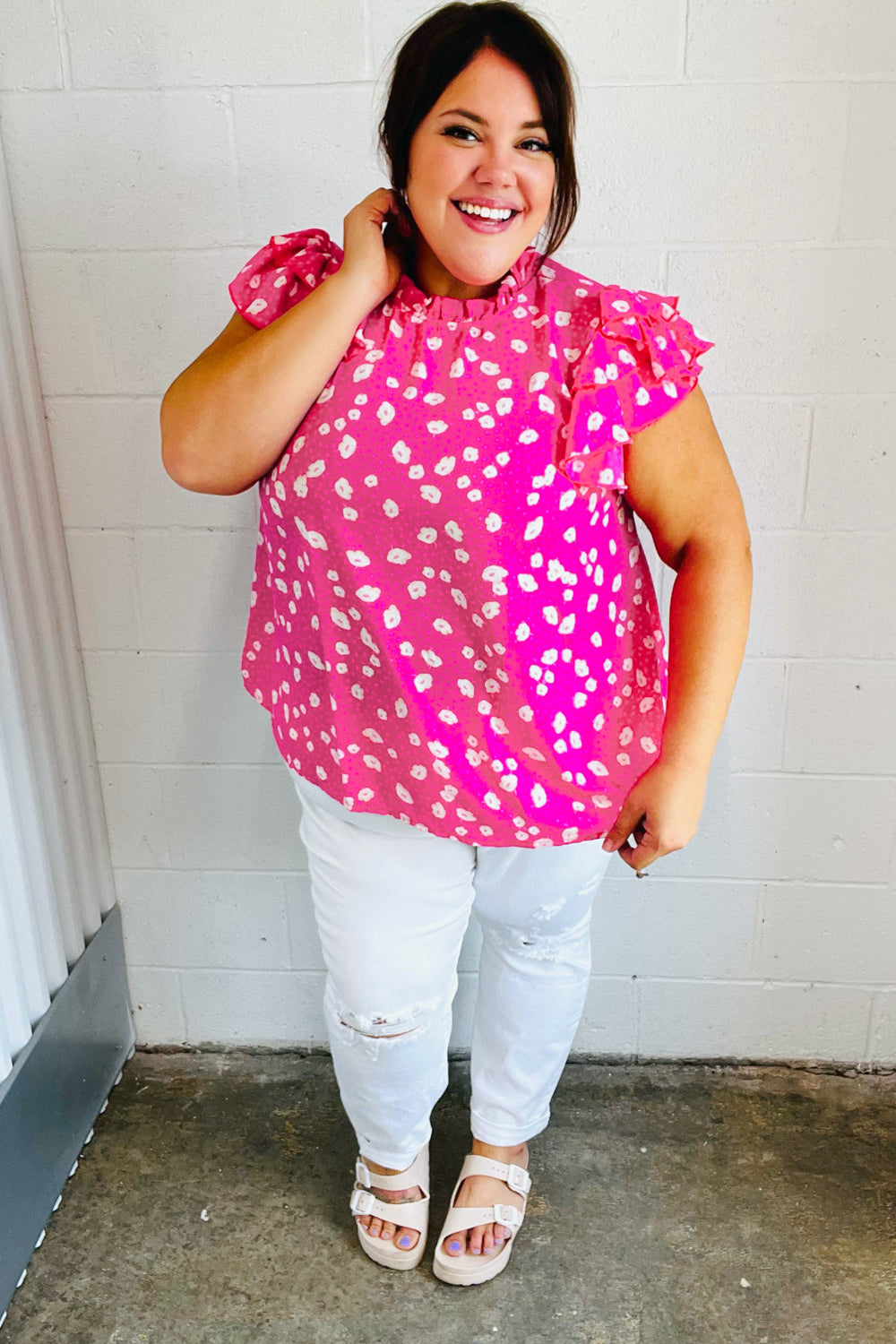 Haptics Hot Pink Floral Mock Neck Double Flutter Sleeve Top