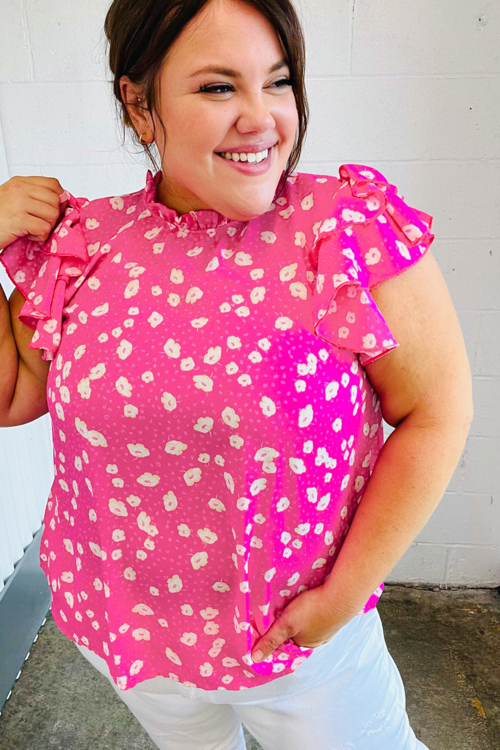 Haptics Hot Pink Floral Mock Neck Double Flutter Sleeve Top