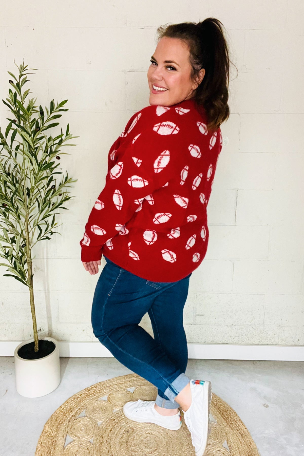 Haptics Game Day Red Football Print Jacquard Knit Sweater 2024 Blow-Out Sale