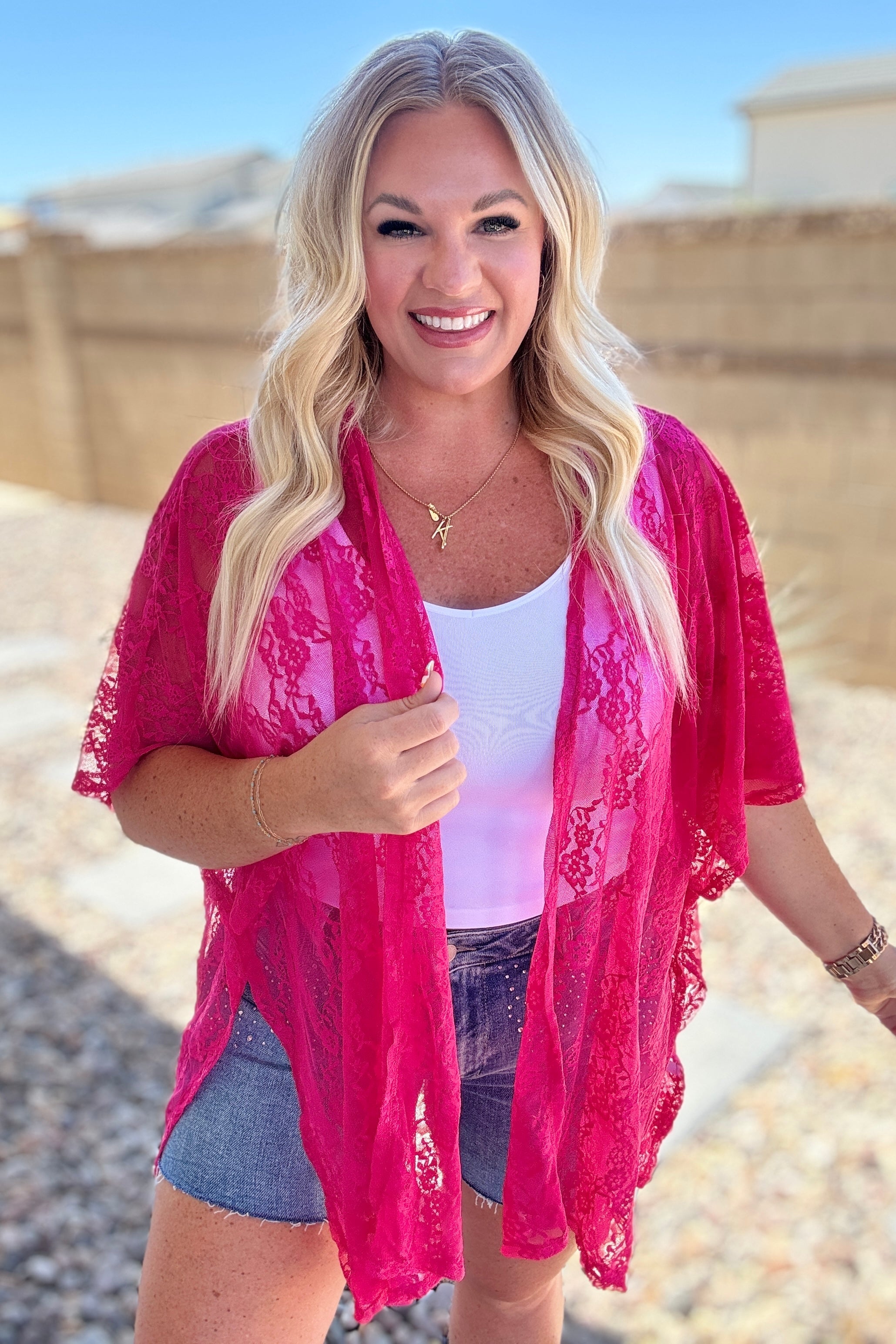 Andree By Unit Good Days Ahead Lace Kimono In Fuchsia 3XL Ave Shops
