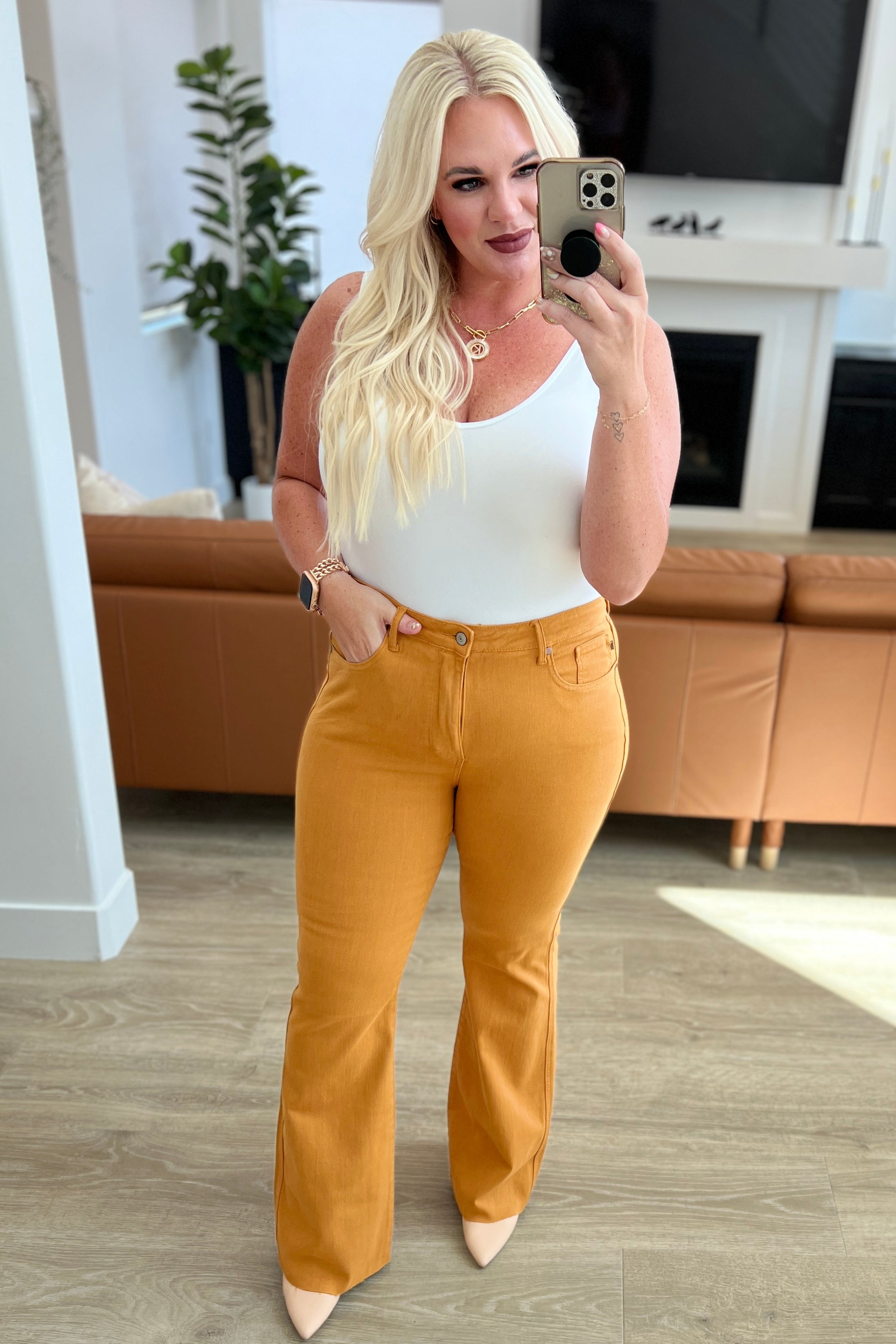 Judy Blue Melinda High Rise Control Top Flare Jeans in Marigold Denim