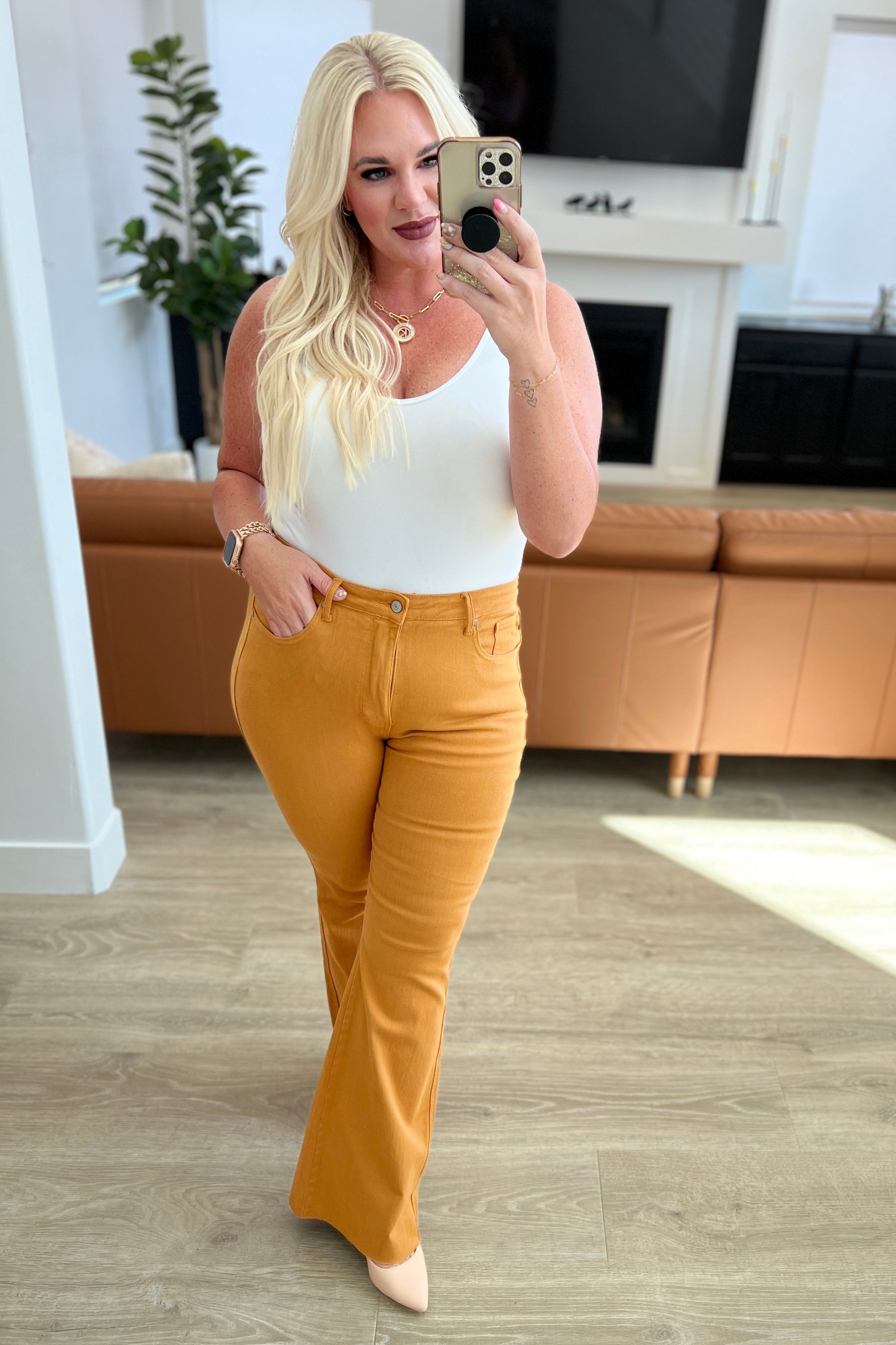 Judy Blue Melinda High Rise Control Top Flare Jeans in Marigold Denim
