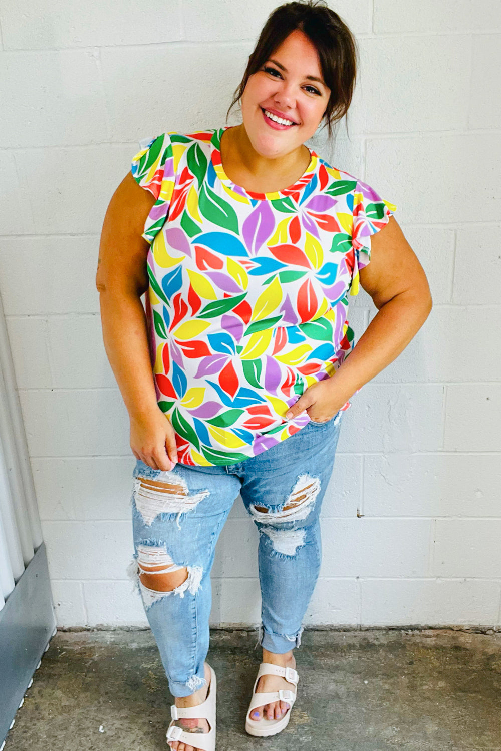 Haptics Feeling Playful Lavender & Yellow Floral Print Flutter Sleeve Top 2024 Summer Blow Out Sale