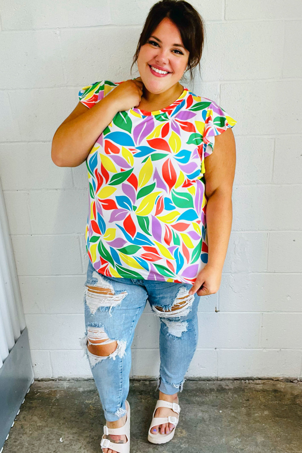 Haptics Feeling Playful Lavender & Yellow Floral Print Flutter Sleeve Top 2024 Summer Blow Out Sale