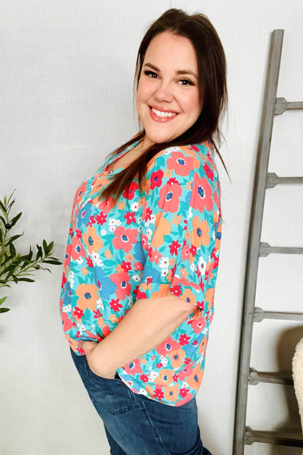 Haptics Mint Flat Floral V Neck Dolman Top
