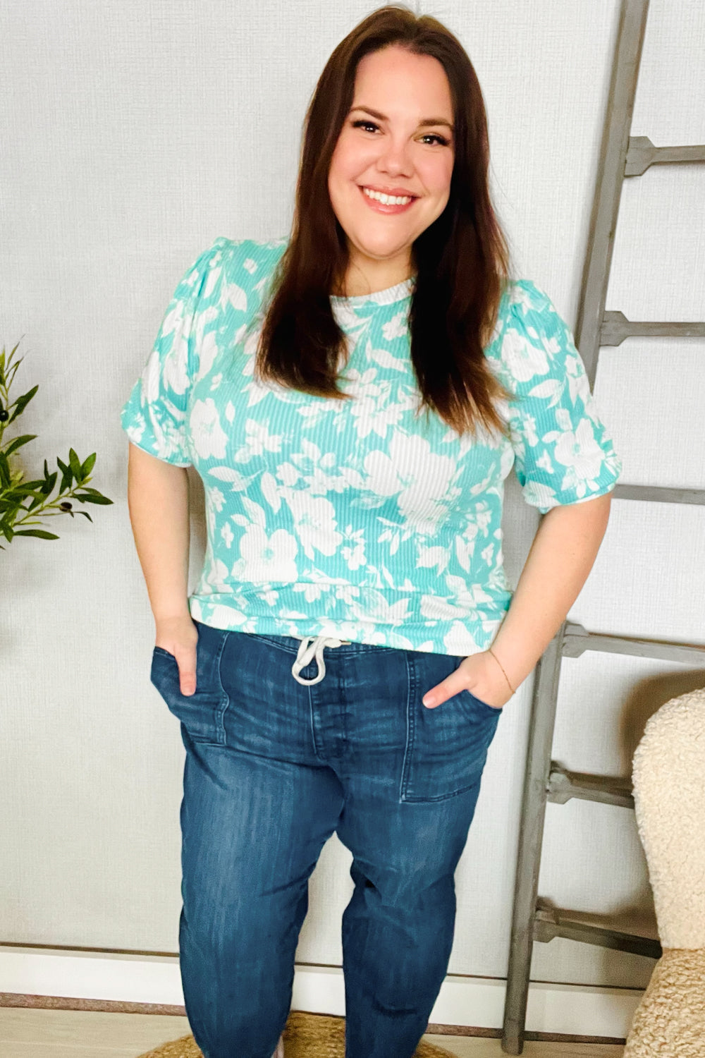 Haptics Mint Wavy Rib Puff Short Sleeves Floral Top