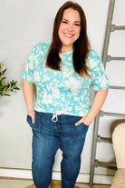Haptics Mint Wavy Rib Puff Short Sleeves Floral Top