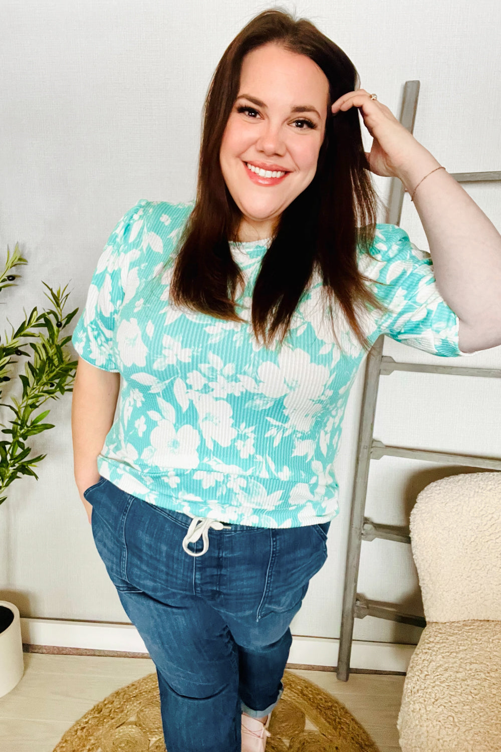 Haptics Mint Wavy Rib Puff Short Sleeves Floral Top