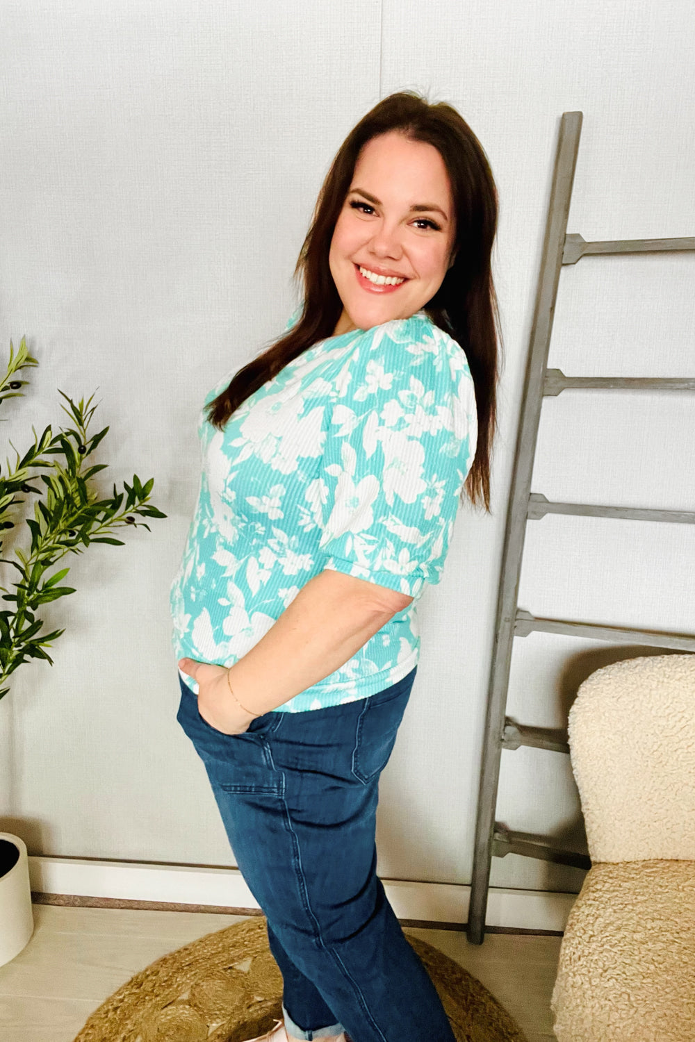 Haptics Mint Wavy Rib Puff Short Sleeves Floral Top