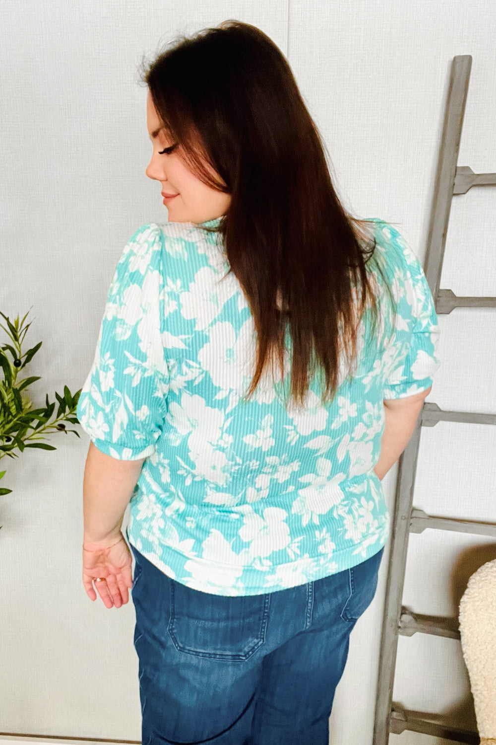 Haptics Mint Wavy Rib Puff Short Sleeves Floral Top