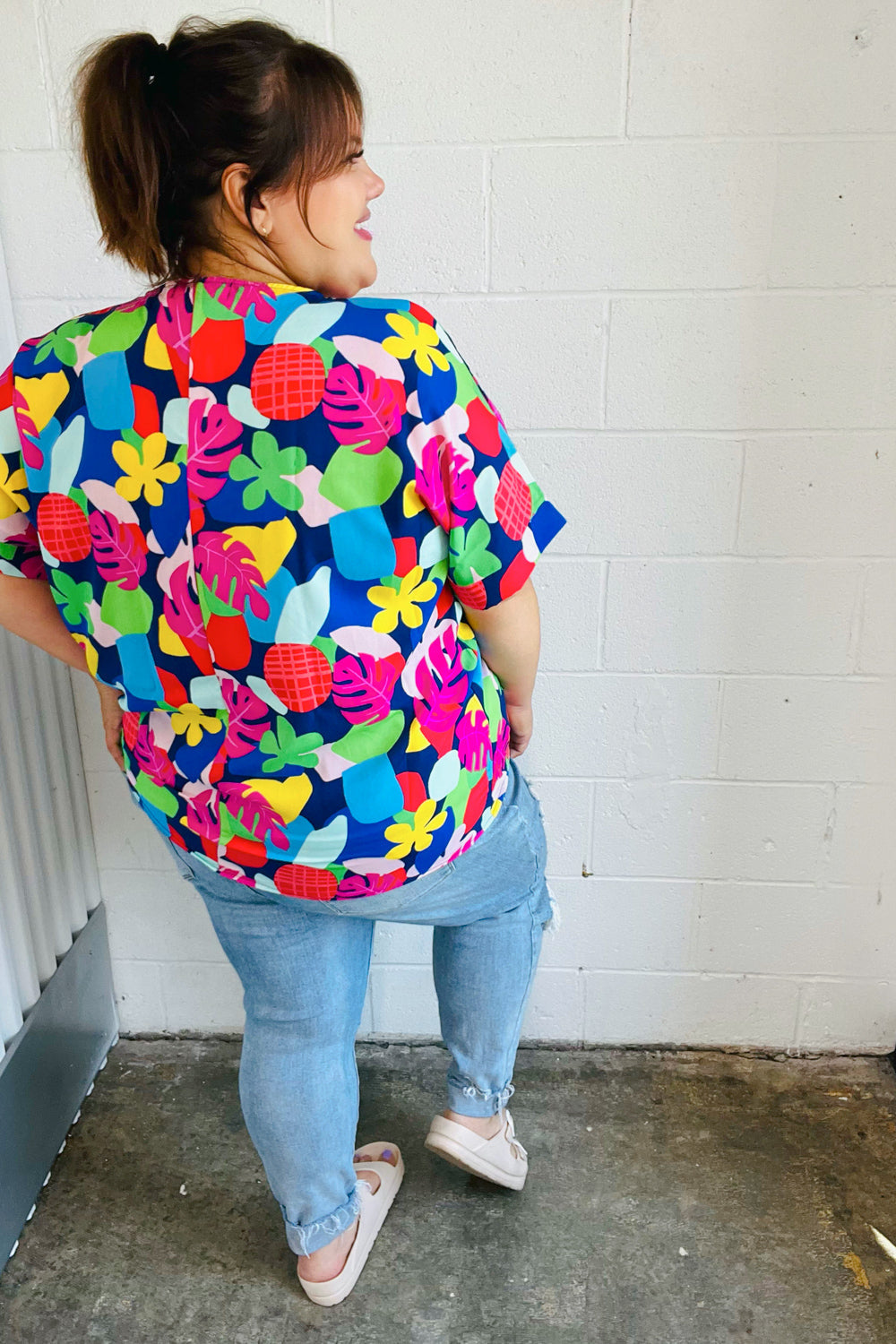 Haptics Navy Multicolor Tropical Print V Neck Top