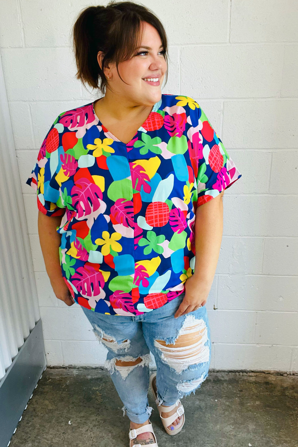 Haptics Navy Multicolor Tropical Print V Neck Top