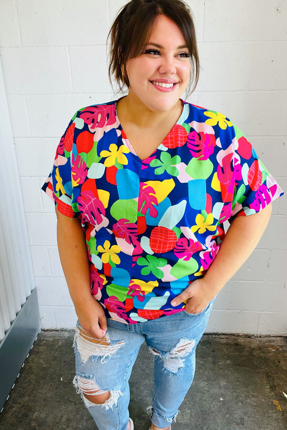 Haptics Navy Multicolor Tropical Print V Neck Top