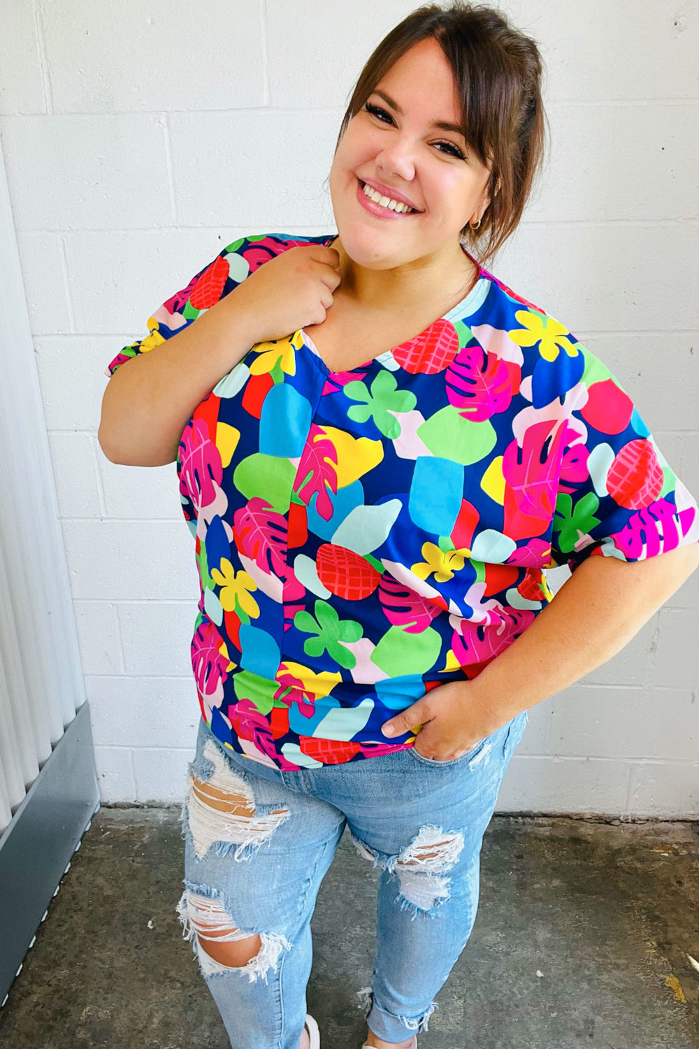 Haptics Navy Multicolor Tropical Print V Neck Top