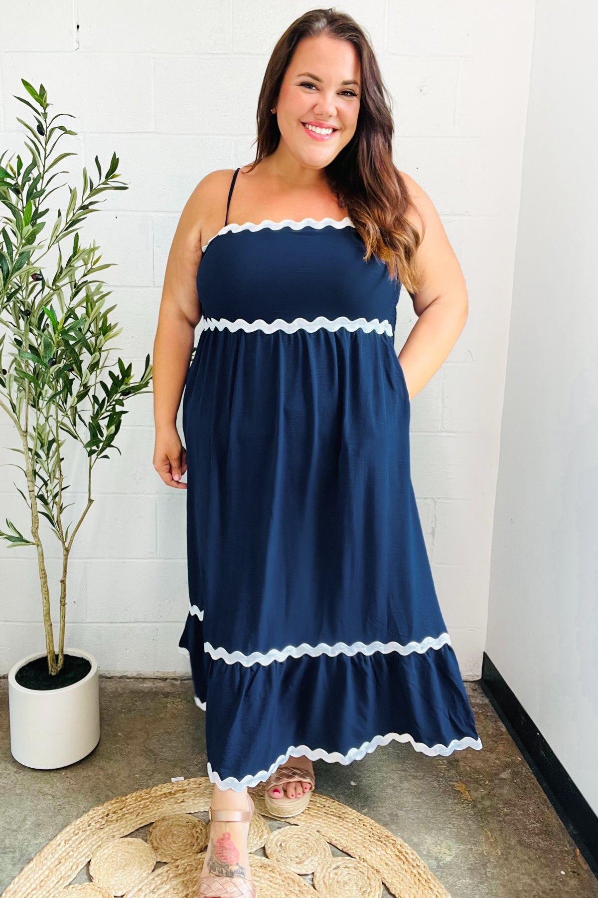 Haptics Navy Square Neck Ric Rac Trim Adjustable Straps Maxi