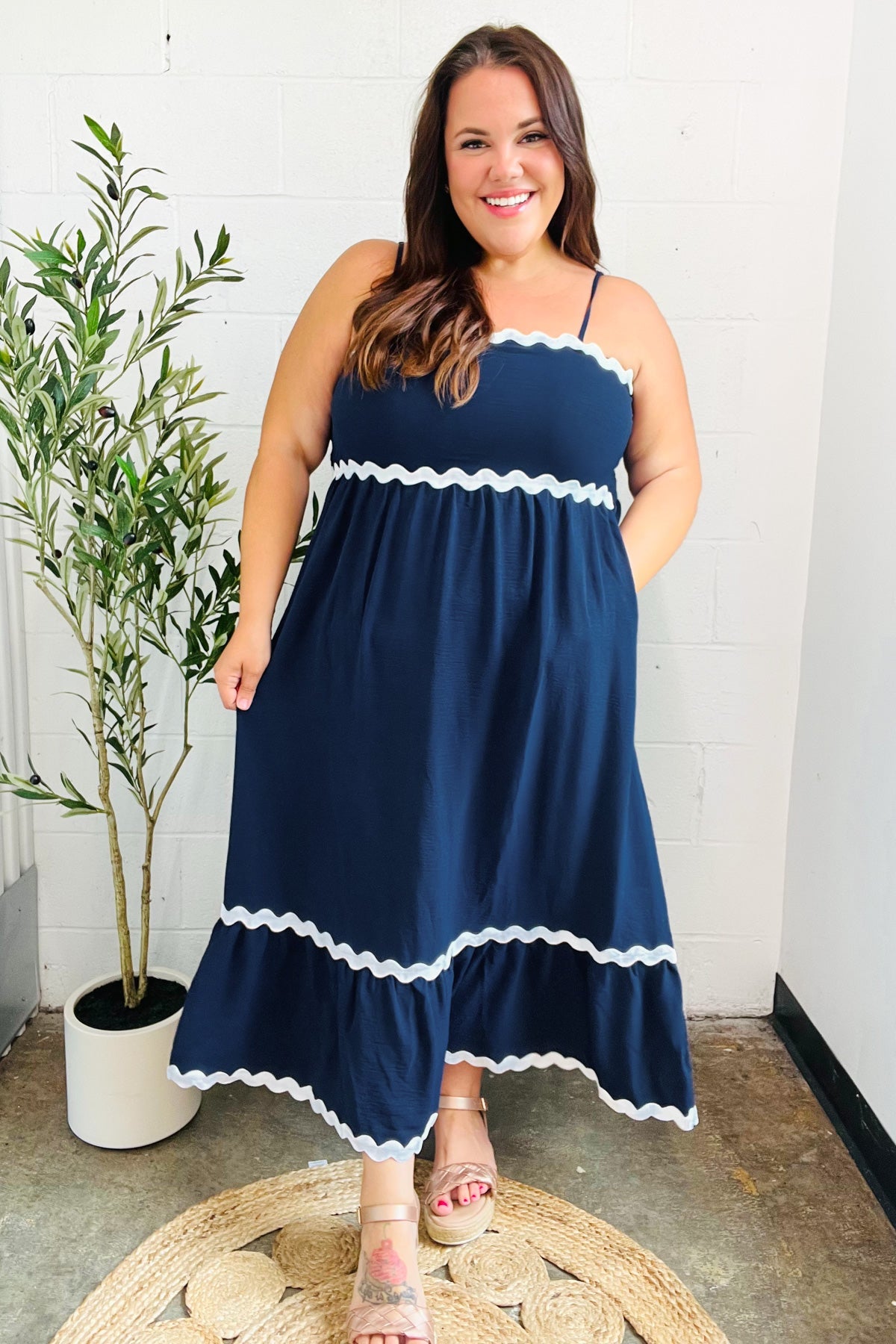 Haptics Navy Square Neck Ric Rac Trim Adjustable Straps Maxi