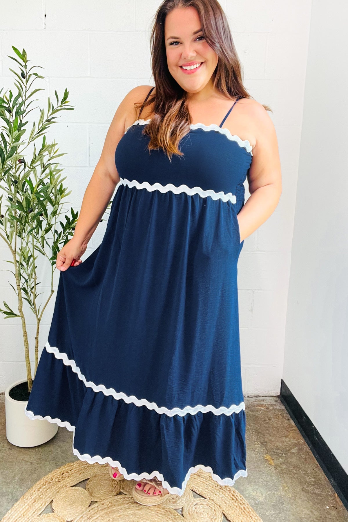 Haptics Navy Square Neck Ric Rac Trim Adjustable Straps Maxi