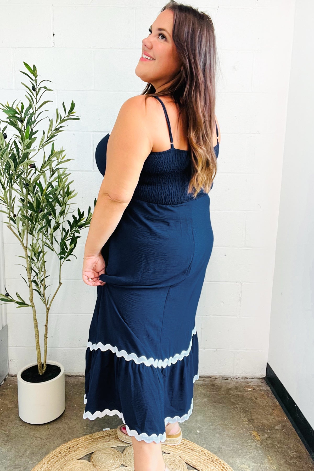 Haptics Navy Square Neck Ric Rac Trim Adjustable Straps Maxi