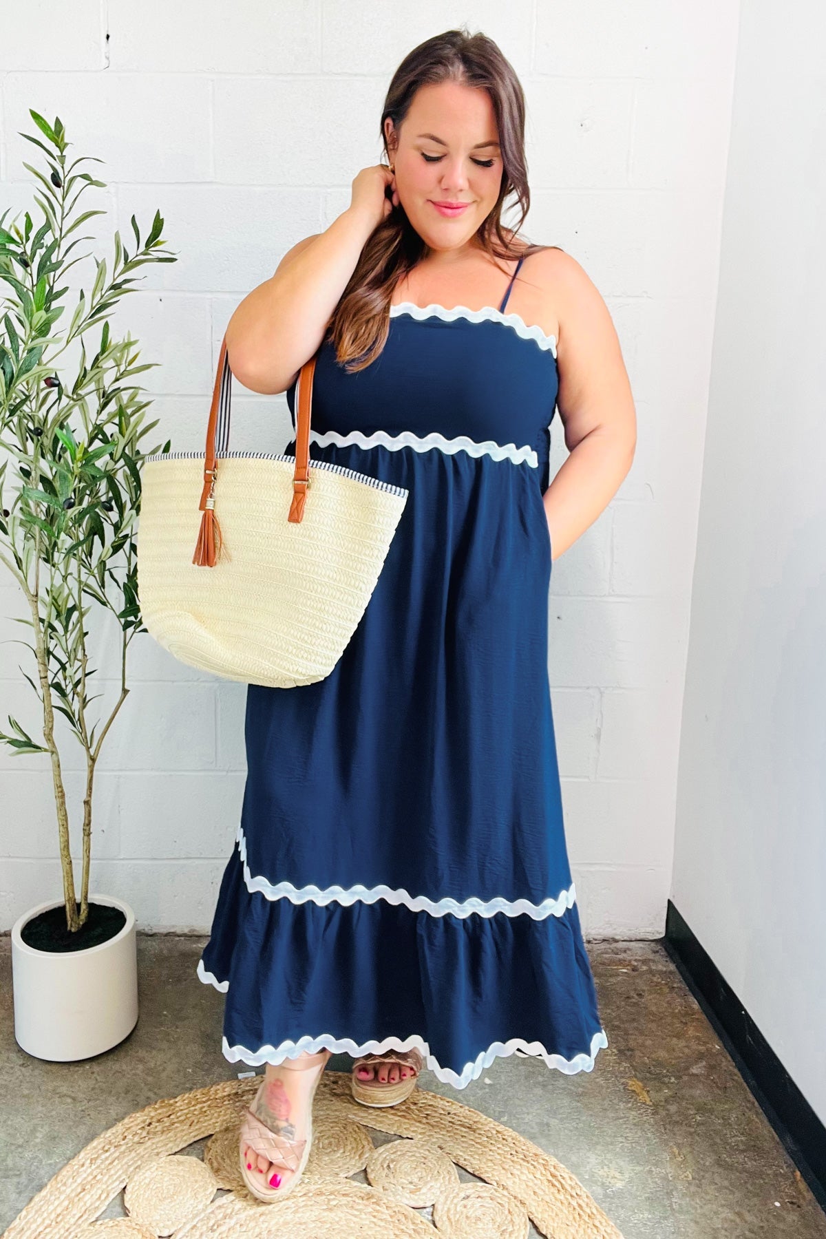 Haptics Navy Square Neck Ric Rac Trim Adjustable Straps Maxi