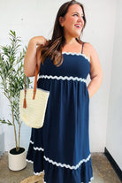 Haptics Navy Square Neck Ric Rac Trim Adjustable Straps Maxi