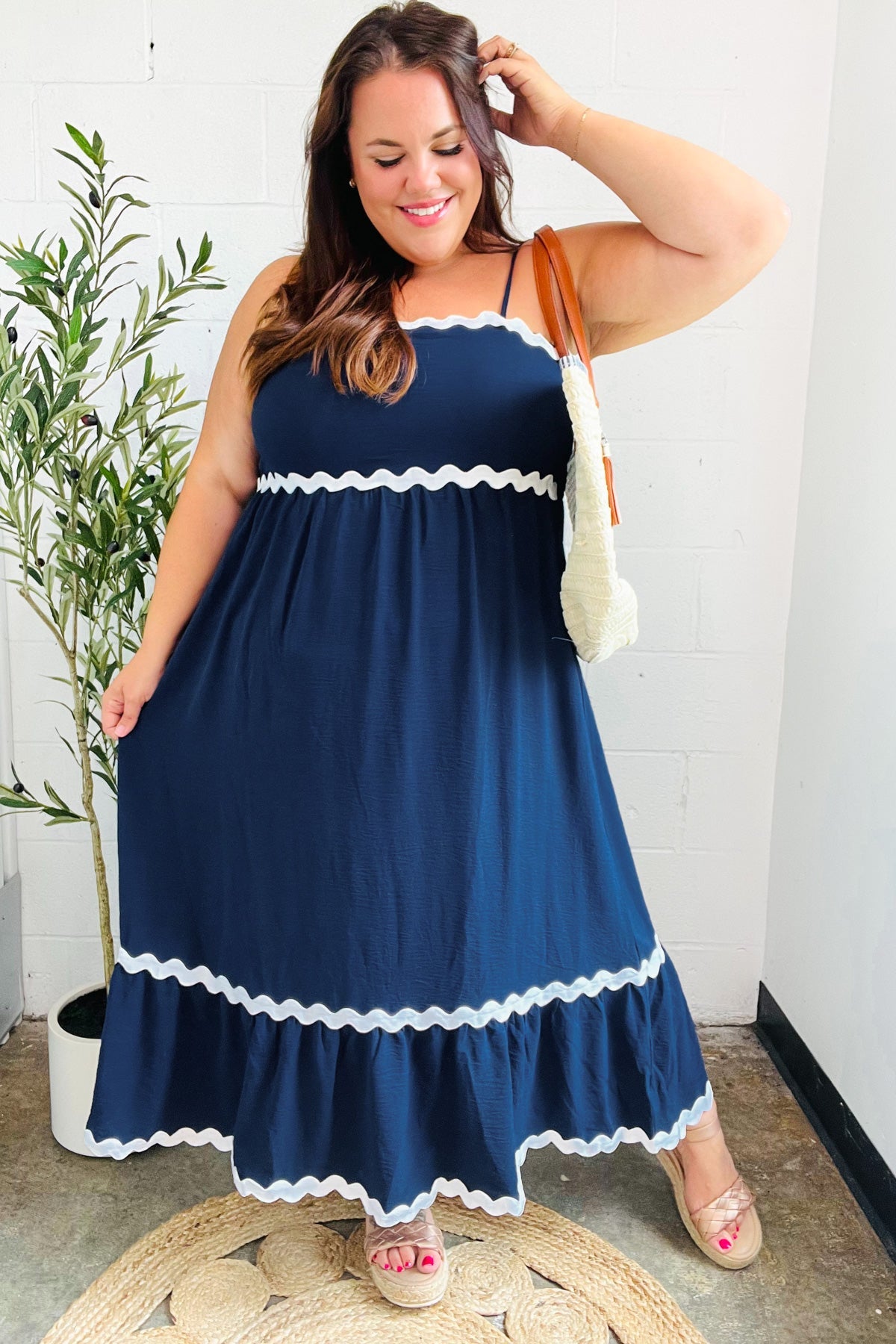 Haptics Navy Square Neck Ric Rac Trim Adjustable Straps Maxi