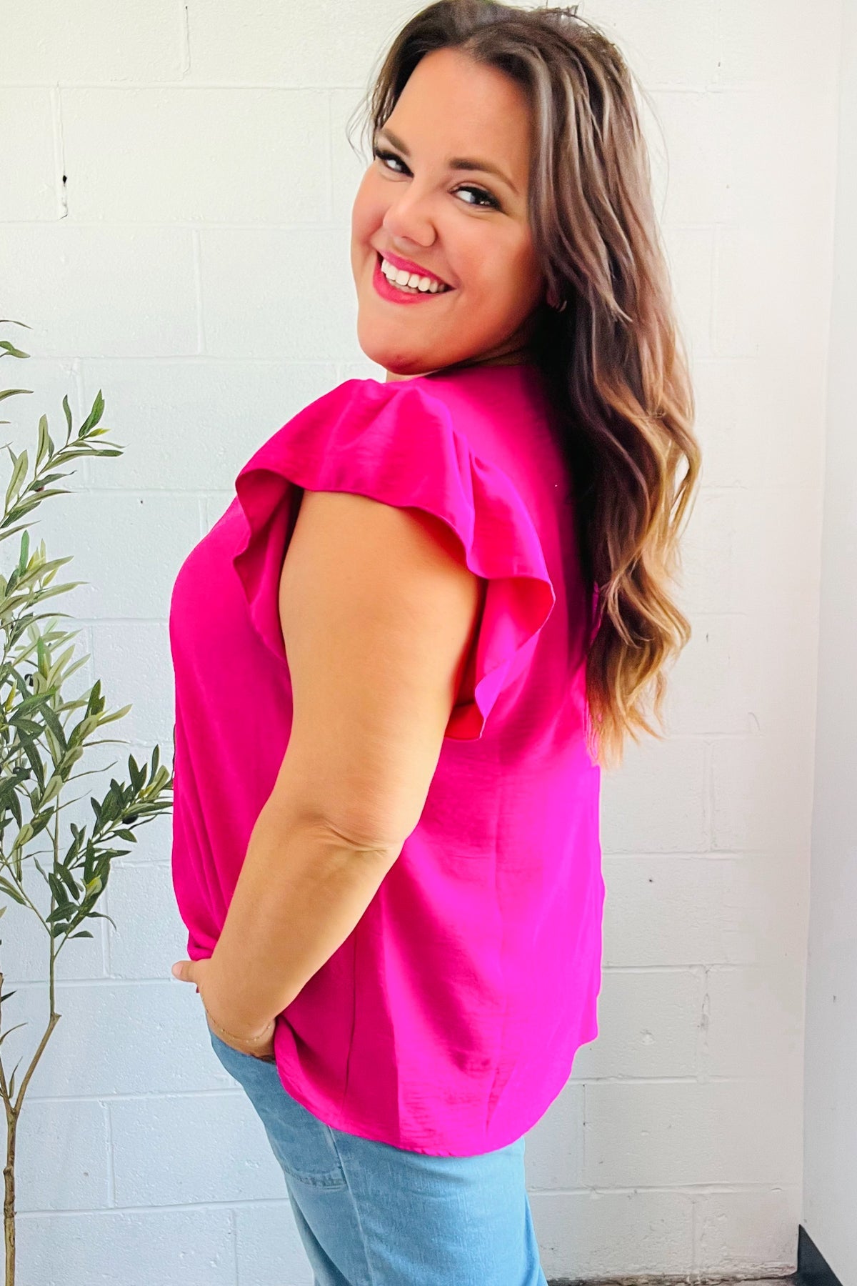 Haptics Summer Days Fuchsia Banded V Neck Flutter Sleeve Top 2025 Summer-Blow Out Sale