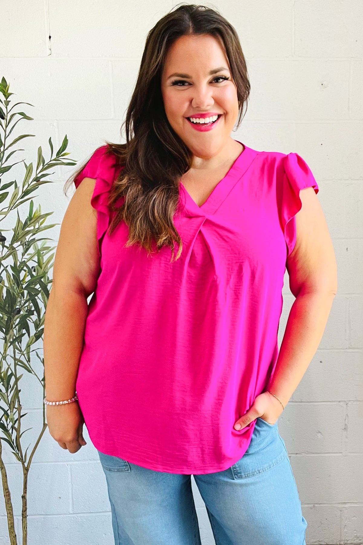 Haptics Summer Days Fuchsia Banded V Neck Flutter Sleeve Top 2025 Summer-Blow Out Sale