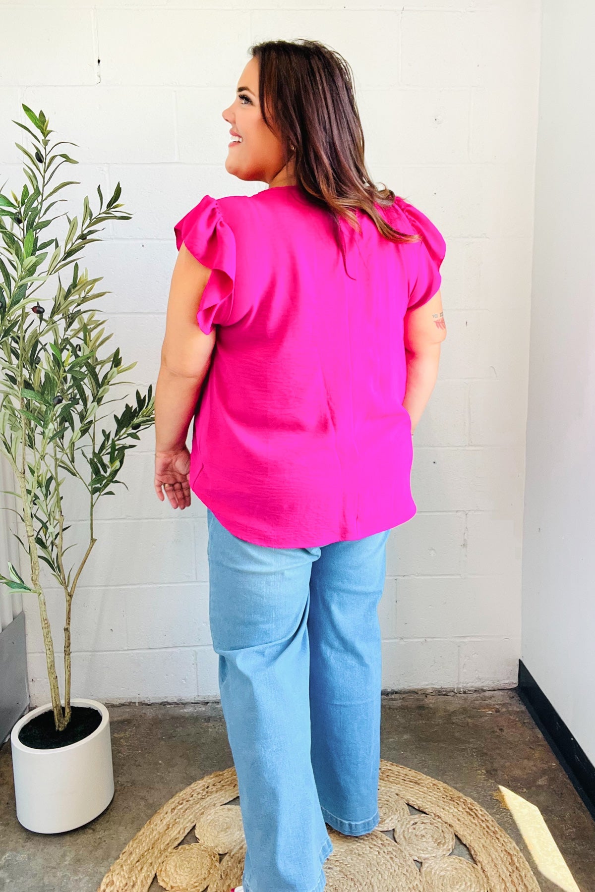 Haptics Summer Days Fuchsia Banded V Neck Flutter Sleeve Top 2025 Summer-Blow Out Sale